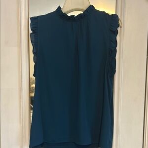 Ann Taylor Factory Peacock Blue (Teal) Ruffled Sleeveless Collar Blouse